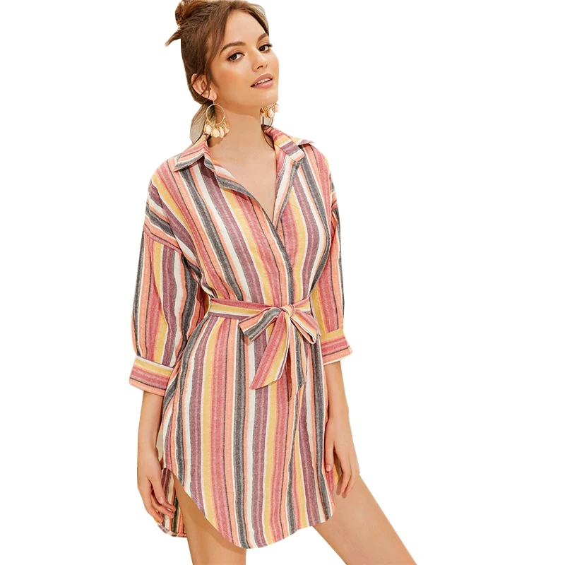 Sheinside Casual Colorful Stripe Print Shirt Dress Women Summer 3/4 Sleeve Straight Dresses Ladies Mini Dress