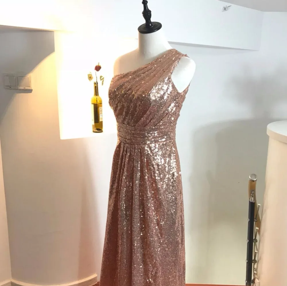 Розовое золото с пайетками Выпускные платья 2018 на одно плечо плиссированные