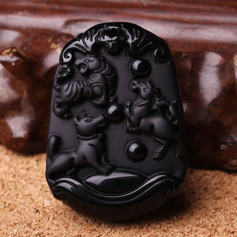 Прямая поставка натуральный черный обсидиан кулон резной китайский зодиак