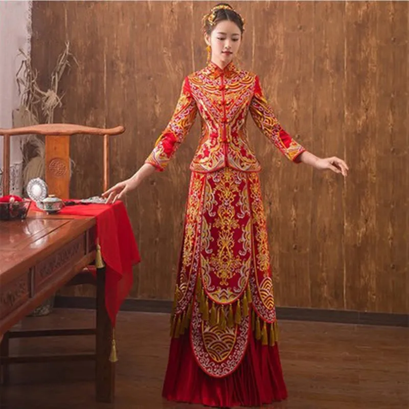 Красное китайское свадебное платье женское с длинным рукавом Cheongsam золотая