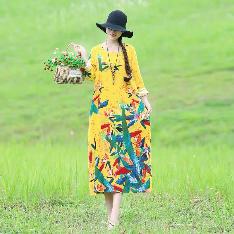 Yellow Long sleeve Летнее свободное тонкое платье больших размеров, женское винтажное платье с коротким рукавом и принтом, хлопковое льняное платье, vestiod, женские платья для работы и дома - Цвет: Yellow Long sleeve
