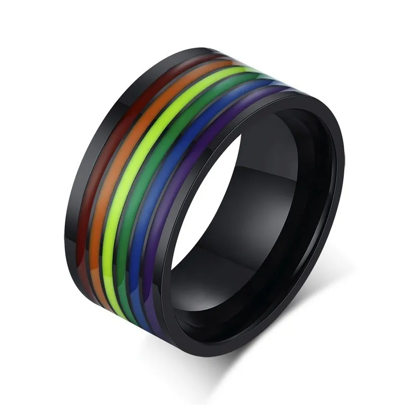 Striped Ring 10 мм Эмаль Радуга Полосатый обручальное кольцо для мужчин нержавеющая сталь труба кольцо в черный мужской ювелирные изделия - Цвет основного камня: Striped Ring