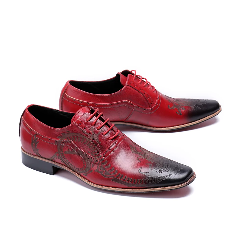 Genuine Leather Mens Shoes Red Fashion Pattern Flat Bottom Casual Laofers Dressing Brand Lace-up Man Zapatillas Plus Size | Обувь