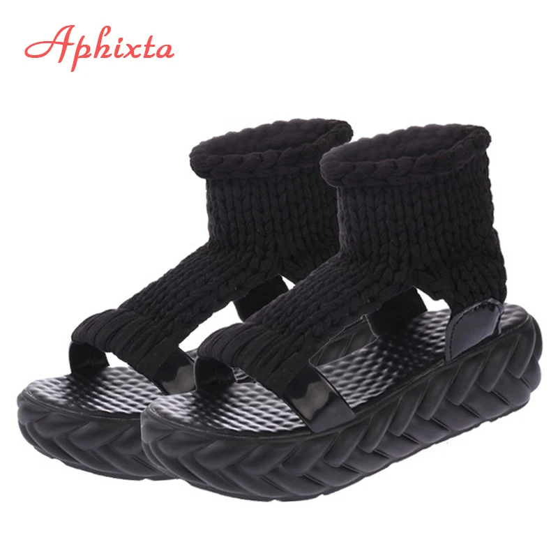 Black Aphixta/; Босоножки на платформе и каблуке; женская обувь; женские блестящие летние шлепанцы без застежки с блестками; zapatos Mujer; женские сандалии - Цвет: Black