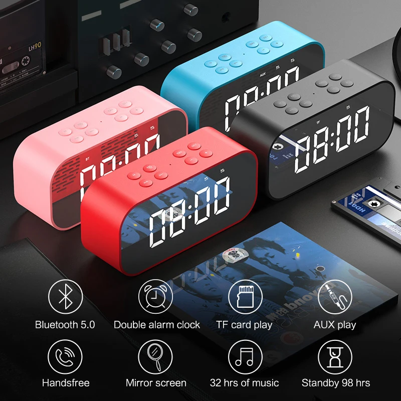 Беспроводной Bluetooth динамик светодиодный Настольный будильник Зеркало Цифровые часы ночной стол электронные часы с поддержкой AUX TF USB