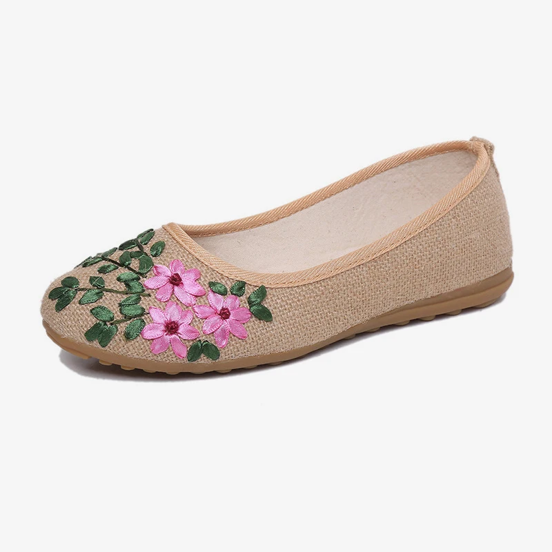 beige Женская обувь на плоской подошве; льняные лоферы с вышивкой; женские дышащие разнопарки ручной работы в этническом стиле без застежки; модная женская повседневная обувь - Цвет: beige