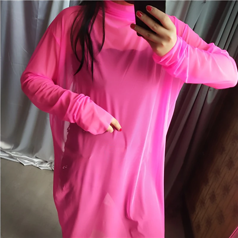 [EAM] New Autumn Winter High Collar Long Sleeve Black Mesh Perspective Colorful Long Big Size Dress Women Fashion JU790