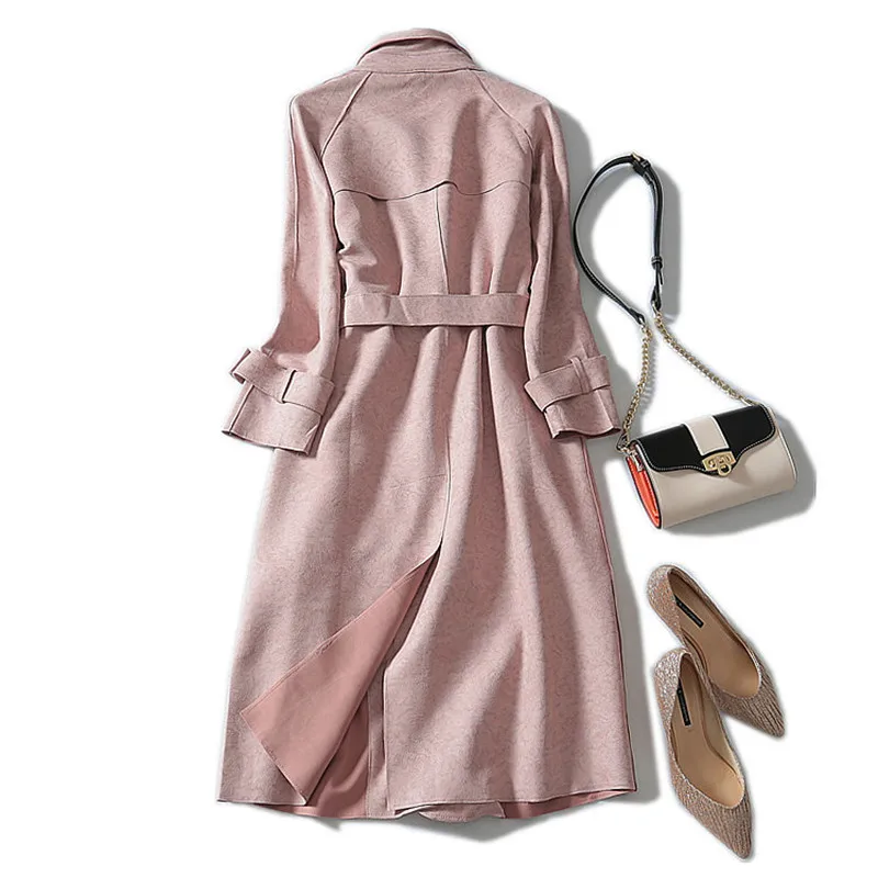2019 High Quality Autumn New Long Suede Trench Coat Cardigan With Belt Windbreaker Overcoat Female Long-sleeved Outerwear M146 | Женская