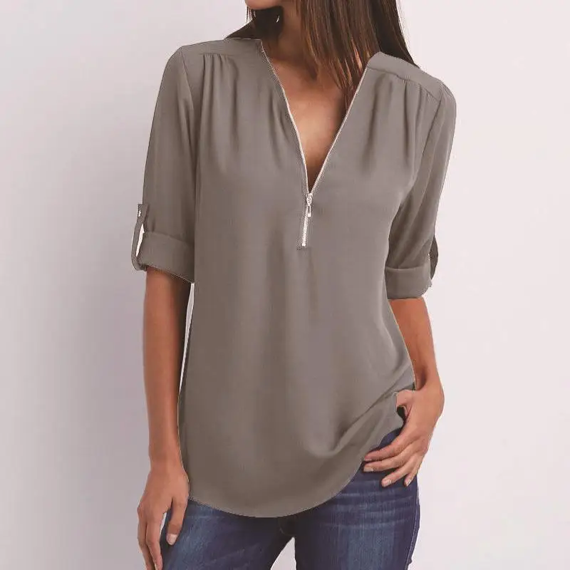 Женская шифоновая блузка с v-образным вырезом на молнии рукавом семь четвертей