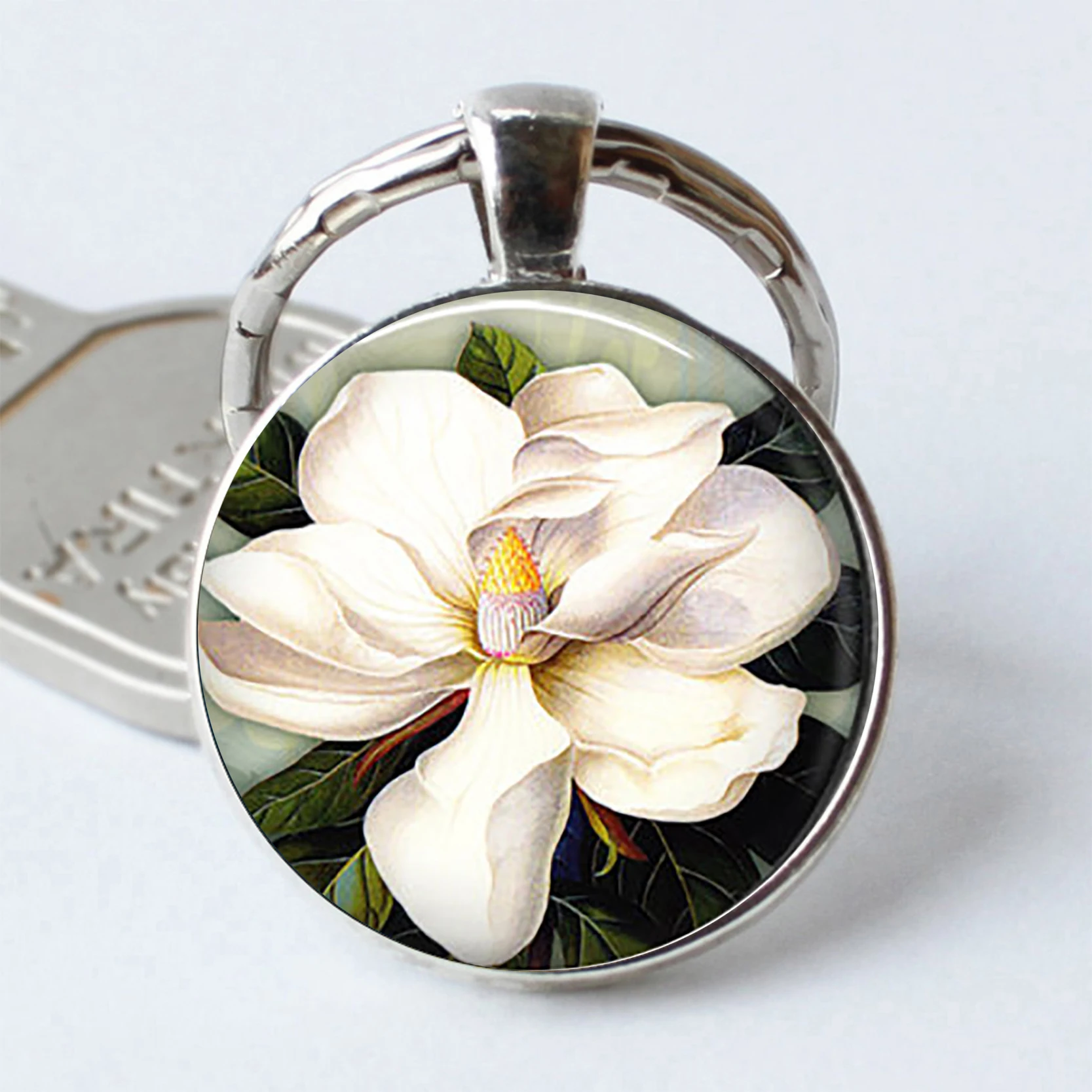 

Southern Magnolia Keychain Magnolia Flower Jewelry Magnolia Keyring Resin Glass Cabochon Gift Magnolia Key Chain Ring