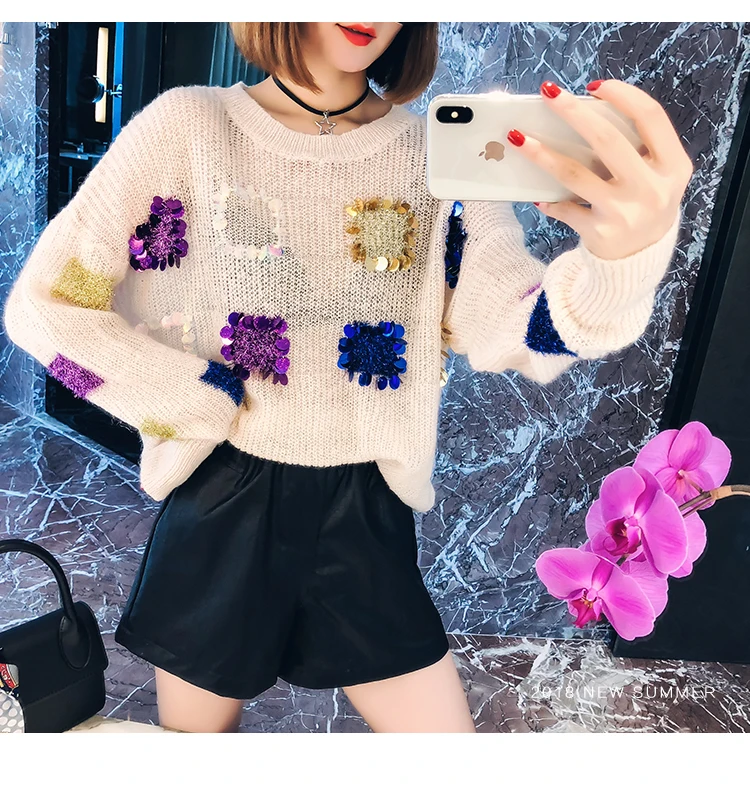 Cakucool пайетки тонкий свитер Для женщин шею блестящие Джемперы Knit Pull Корейская