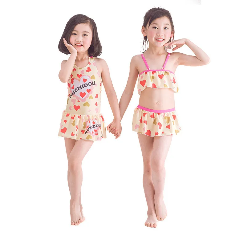 

Girl Summer Swimsuit 2pcs Clothes+skirt Baby Spot Love Prints Cute Children Beach Swimwear Kids Bathing Suit Student Training