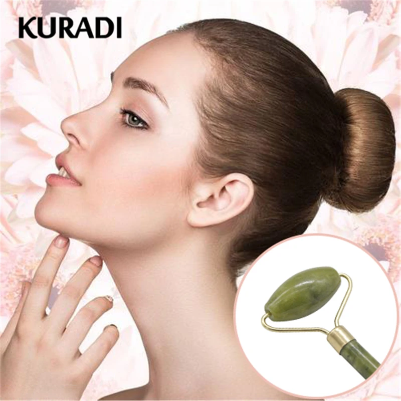 KURADI, двойная головка, зеленый китайский роликовый массажер для лица, Нефритовый камень, гуаша, для похудения, для тела, головы, шеи, натуральный массажный инструмент