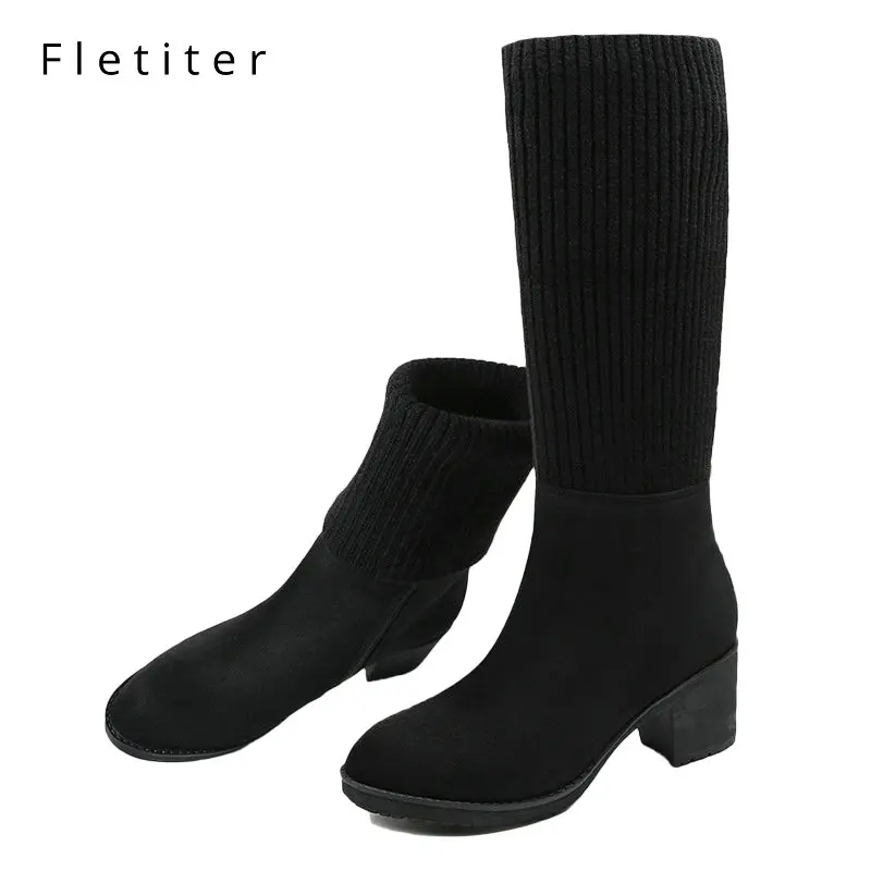 Fletiter/модные женские зимние сапоги до колена; вязаные сапоги-носки; женские черные сапоги без застежки на теплом меху; женские сапоги до бедра