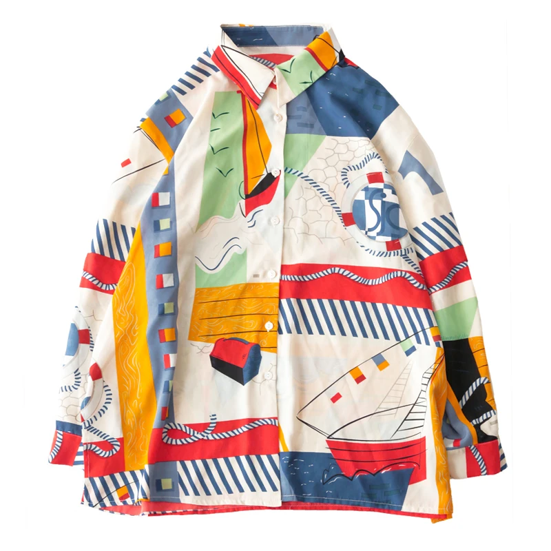 

2019 women vintage blouses Southern France style women tops Retro printed long sleeve Abstract printing clothes ladies tops wome