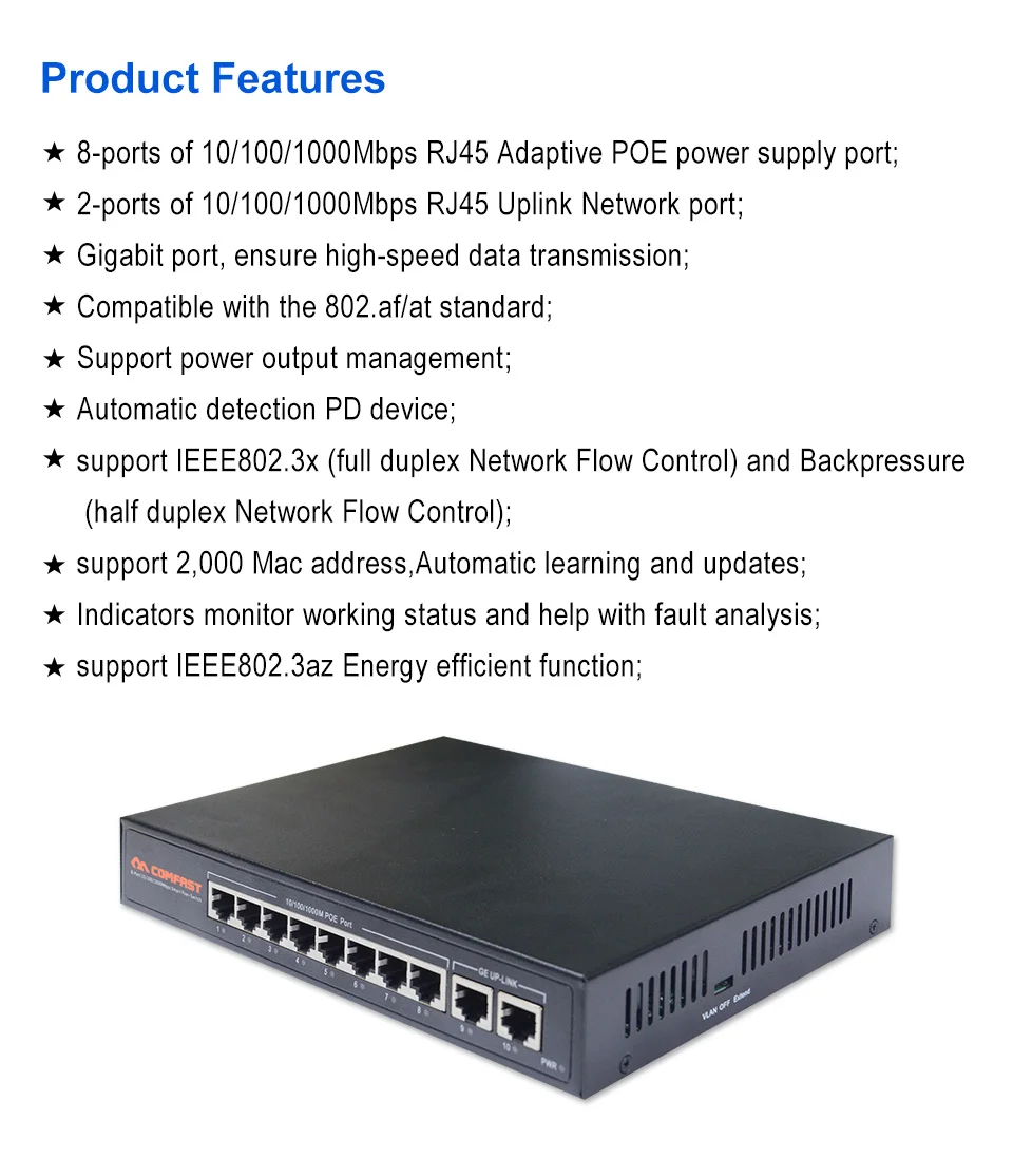 10 портовый гигабитный сетевой коммутатор Comfast SG181P ethernet 10*10/100 Мбит/с порт RJ45 1000 м