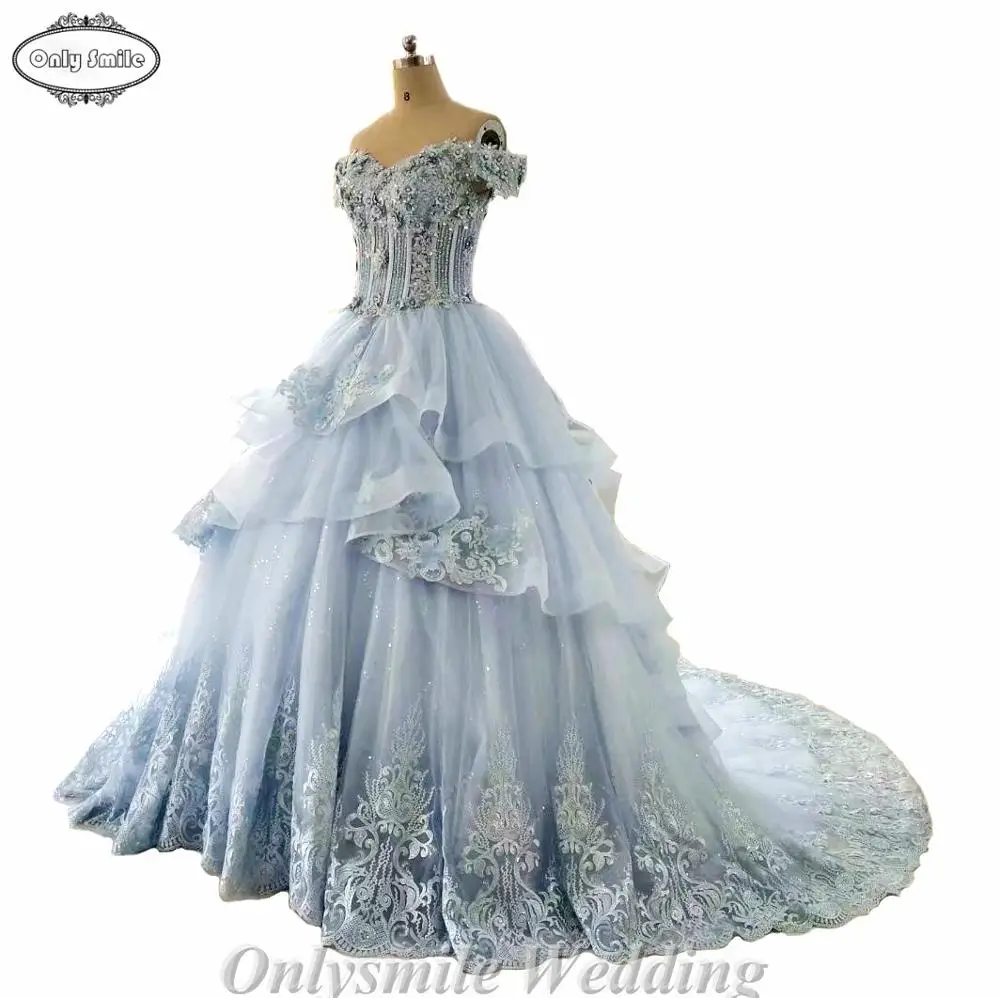Onlysmile Vestido de Noiva Princesa Luxo винтажное светло-синее свадебное платье кружевное свадебное платье бальное платье с цветочным узором, большие размеры