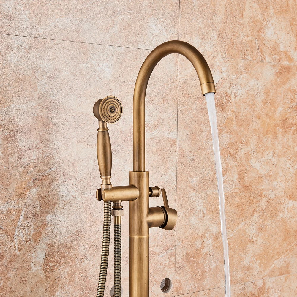 

Brushed Golden Floor Mounted Bathtub Faucet Freestanding Tub Mixer Crane with Handshower Floor Mounted Claw Foot