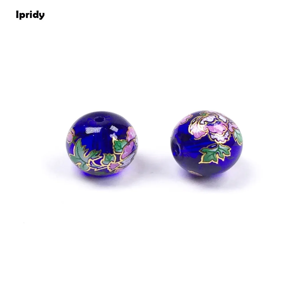 

Glass Japan Painting Vintage Japanese Colored Drawing Beads Round the bottom of deep Blue Flower Pattern Transparent 14mm 5 Pcs
