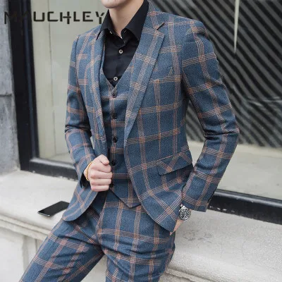 Double Breasted Men Suit With Vest Pants 3 Piece Retro Orange Grey Checkered Slim Fit Plus Size 5XL Wedding Suits for Men 2020