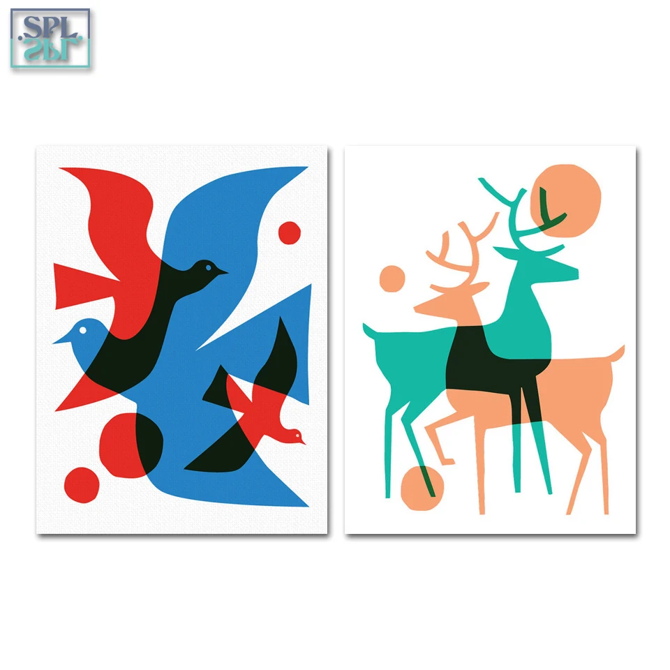 SPLSPL скандинавские Декоративные животные Холст Искусство Плакат олень птицы тени