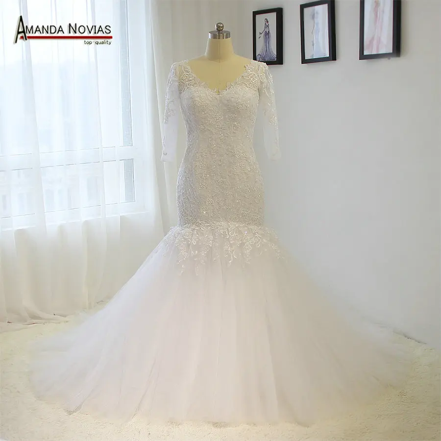 100% настоящая фотография Свадебное платье с v образным вырезом на молнии сзади