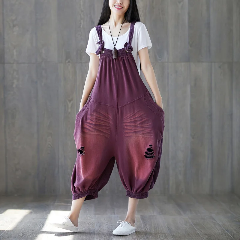 Женские винтажные комбинезоны с карманами и дырками в стиле пэтчворк 2019 летние