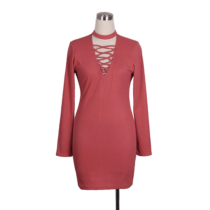 Сексуальная V шеи Criss Cross Bodycon платье женщины осень с длинным рукавом ночной клуб