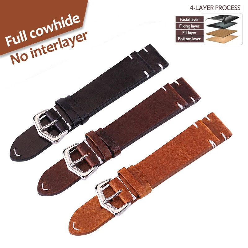 

Super Soft Comfort Solid Cowhide Band Vintage Genuine Leather Watchband Oil Discoloration Strap Watch Accessories 18mm 20mm 22mm