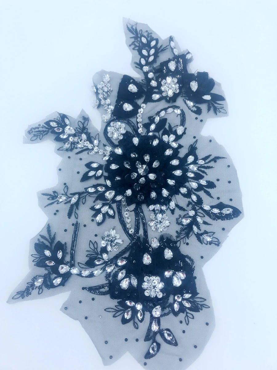 Пришивные серебряные стразы Черная аппликация кристаллы нашивки для отделки 42*27