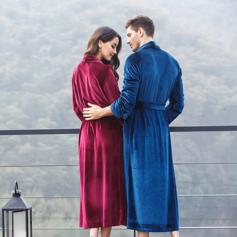 

Men and Women Spring and Autumn Luxury Velvet Classic Shawl Collar Chest Suit Medium-Long Robe Nightgown Sleepwear Gown