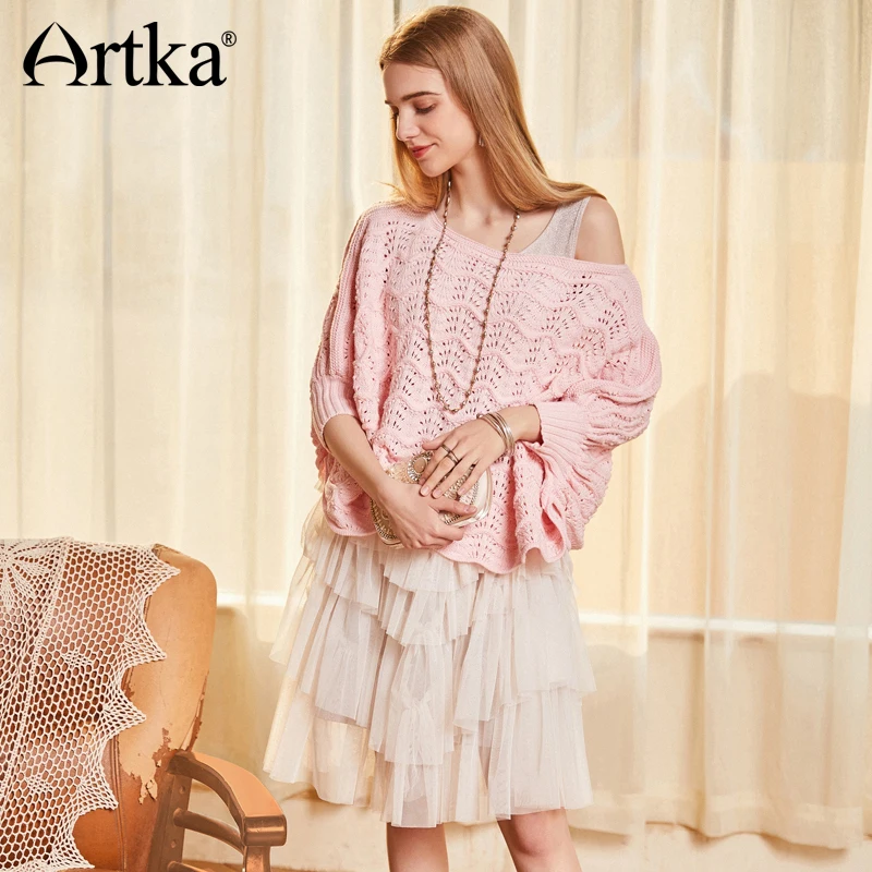 ARTKA Spring&Summer 2018 New Fashion Slash Neck Hollow Lady Pullovers Half Batwing Sleeve Loose Female Knitted Sweater YB10488C | Женская