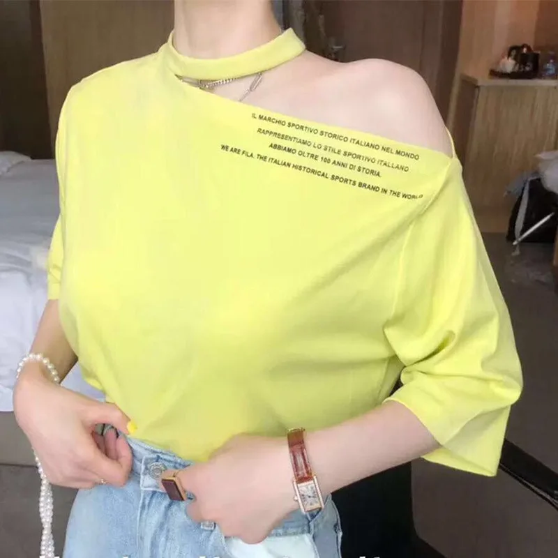 yellow Харадзюку летняя футболка женская короткий рукав с открытыми плечами футболка Женская корейский стиль Топы Футболка femme camisetas mujer - Цвет: yellow