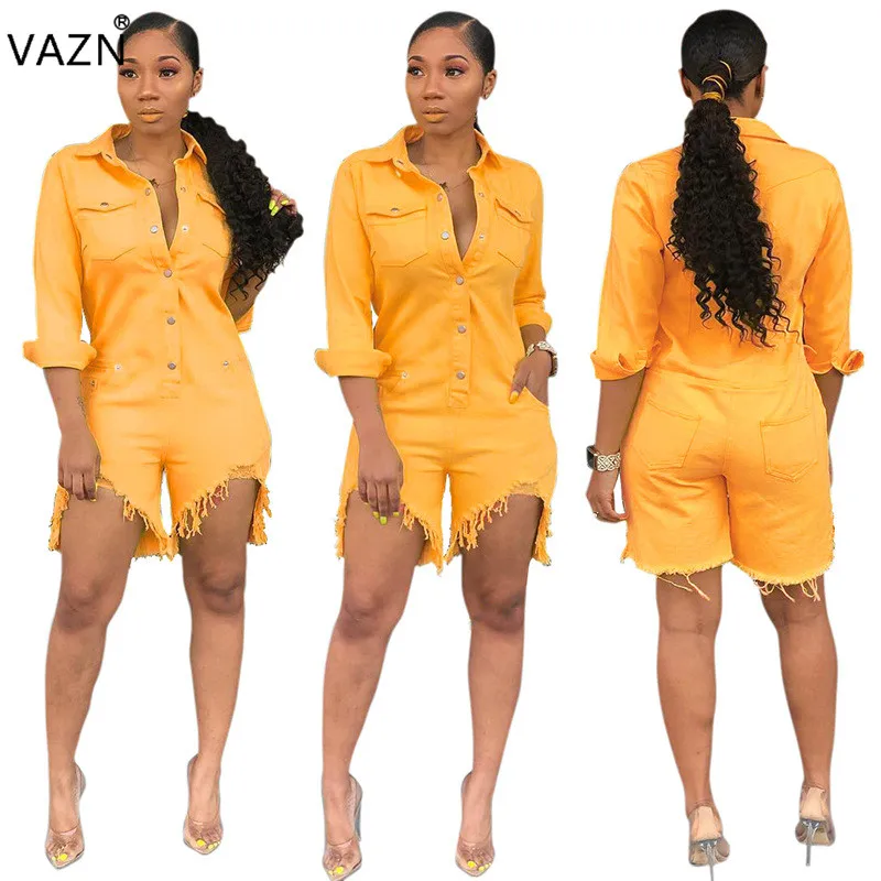 Женский джинсовый комбинезон VAZN однотонный Облегающий с длинным рукавом