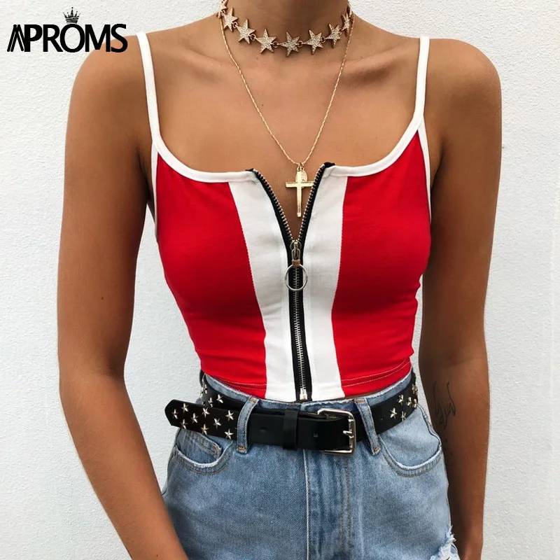 Aproms, красный цвет, блочная Базовая майка, женская повседневная спортивная укороченная футболка, 90 s, крутые топы на молнии для девочек, женские короткие футболки