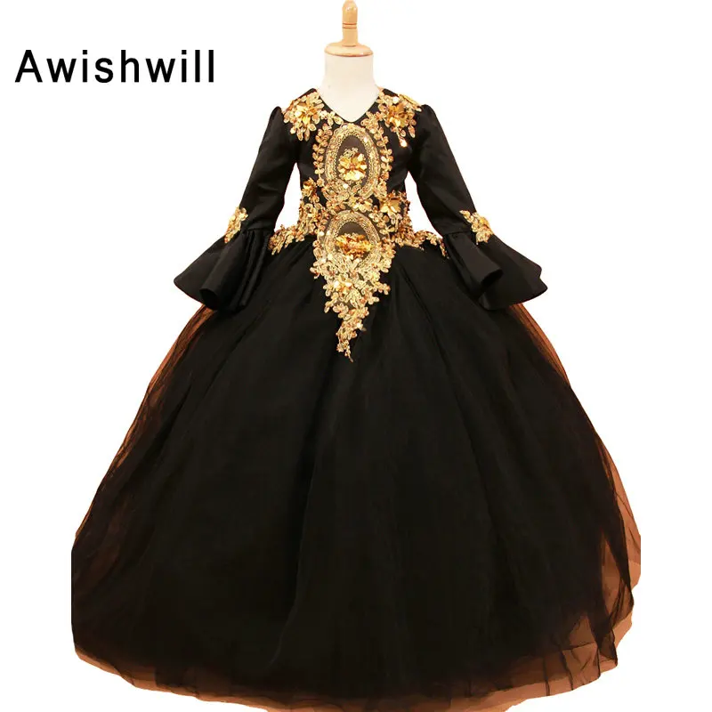 

Real Photo Pretty Girls Pageant Dresses for Beauty Princess Tulle With Gold Lace Puffy Ball Gowns Long Sleeve Girls Party Dress