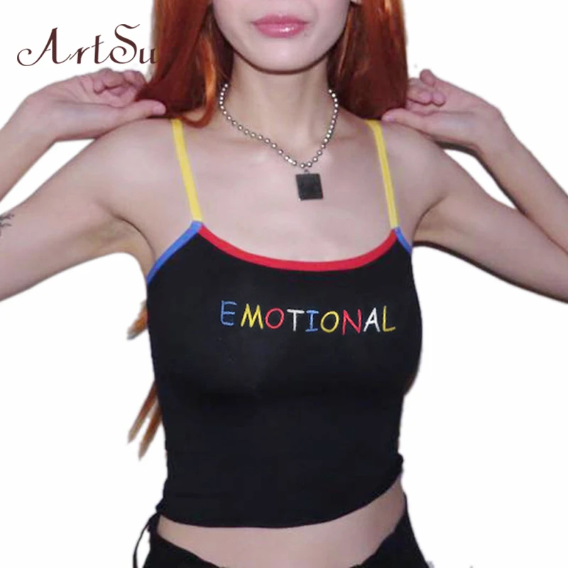 

ArtSu Streetwear Fashion Colorful Embroidery Letter Black Crop Top Camis Boho Spaghetti Strap Top Camisole Women ASVE20434