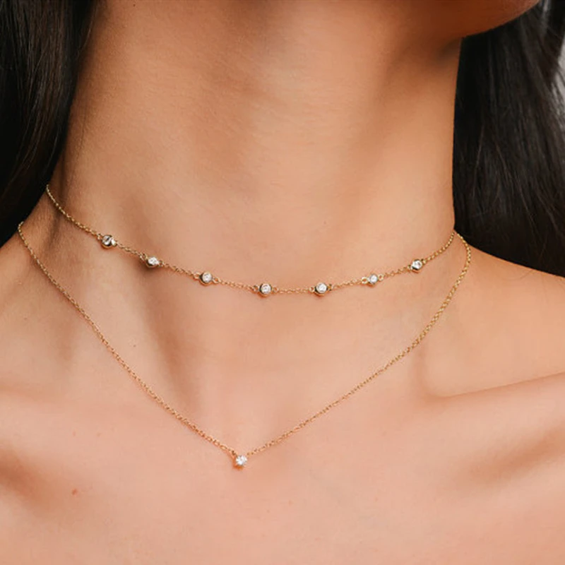 Длинное ожерелье-Лариат золотистое Y-образное колье с фианитами серебристое