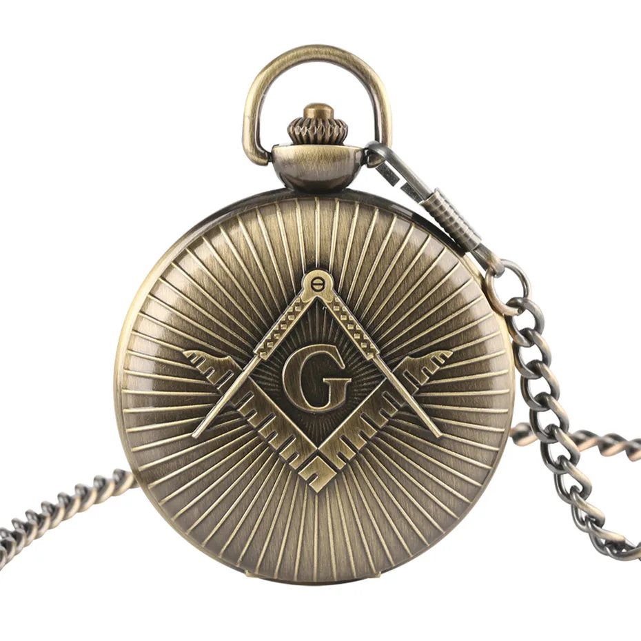 

Luxury Bronze/Gold Big "G" Masonic Theme Quartz Pocket Watch Punk Pocket Pendant Chain High Quality Souvenir Antique Clock Men