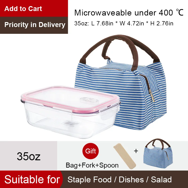 35oz-Blue Bag OTOR стеклянный контейнер для еды, Ланч-бокс 3 с отделениями бенто, коробки для микроволновой посуды, контейнер для хранения еды, стеклянный Crisper - Цвет: 35oz-Blue Bag