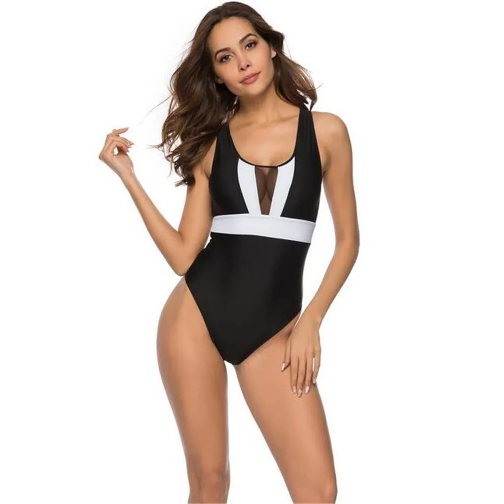 Sexy Mesh Splicing One Piece Bikini Solid Swimwear Bodysuit Women Open Back Slim Swimsuit Beachwear For Swimming | Спорт и