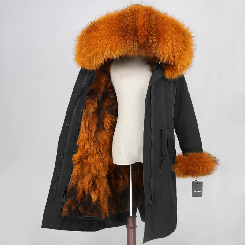 black orange X-long парка, водонепроницаемая ткань, зимняя куртка, Женское пальто из натурального меха, натуральный мех енота, воротник, капюшон, манжеты, Лисий мех, подкладка, съемная - Цвет: black orange