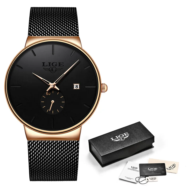 Rose gold black Мужские Ультра тонкие часы мужские часы люксовый бренд подарок мужские бизнес-часы кварцевые наручные часы для мужчин Relogio Masculino - Цвет: Rose gold black