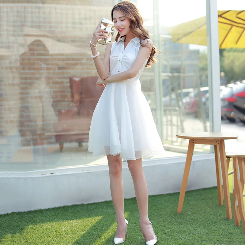 Бальное платье без рукавов женское летнее 2017 модное из органзы с воротником и