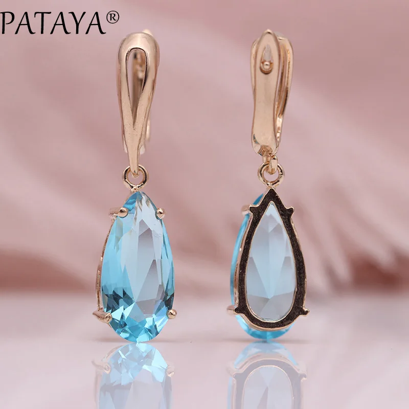 Light Blue PATAYA, новинка, Длинная подвеска в виде капель воды, синие Серьги Для Женщин, Модные Изящные милые ювелирные изделия, 585 розовое золото, натуральные циркониевые серьги-подвески - Окраска металла: Light Blue