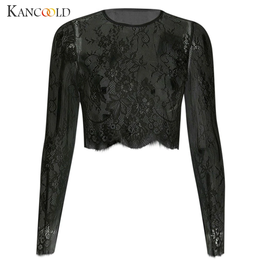 

KANCOOLD top T-shirt Women's Solid Splicing Mesh Perspective T-shirt Slim Long Sleeve Sexy Short fashion new top femme 2018dec25