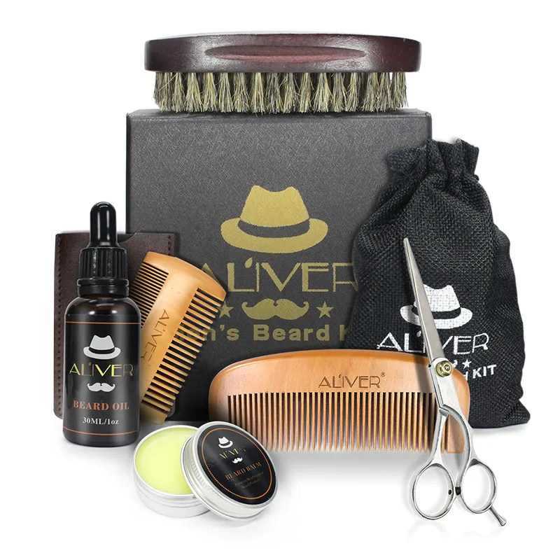 6 pcs beard set ALIVER 7 шт./компл. Для мужчин борода комплект инструмент для укладки волос бороды Bib фартуки бальзам масло для бороды увлажняющее воск для укладки волос гребень Ножницы Уход за бородой комплект - Цвет: 6 pcs beard set