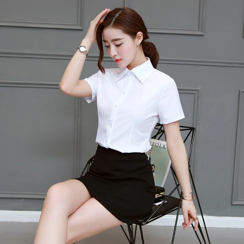 Women Summer OL Temperament Solid Color Loose Slim Lapel Vintage Short-sleeved Casual Bottoming Blouse | Женская одежда