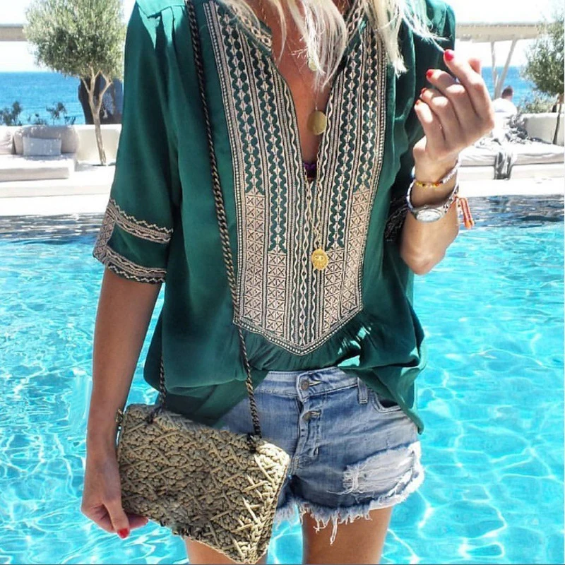 Женские топы летние винтажные Ретро с v-образным вырезом принтом Популярные Boho