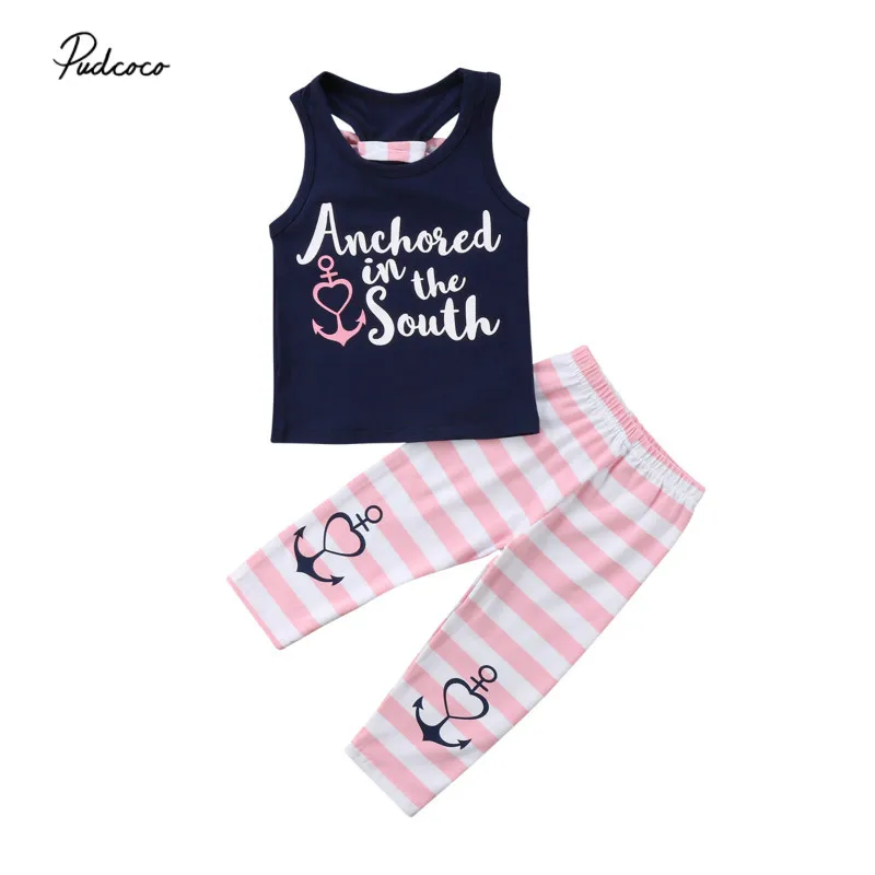 Pudcoco/летний комплект одежды для маленьких девочек полосатая футболка с якорем